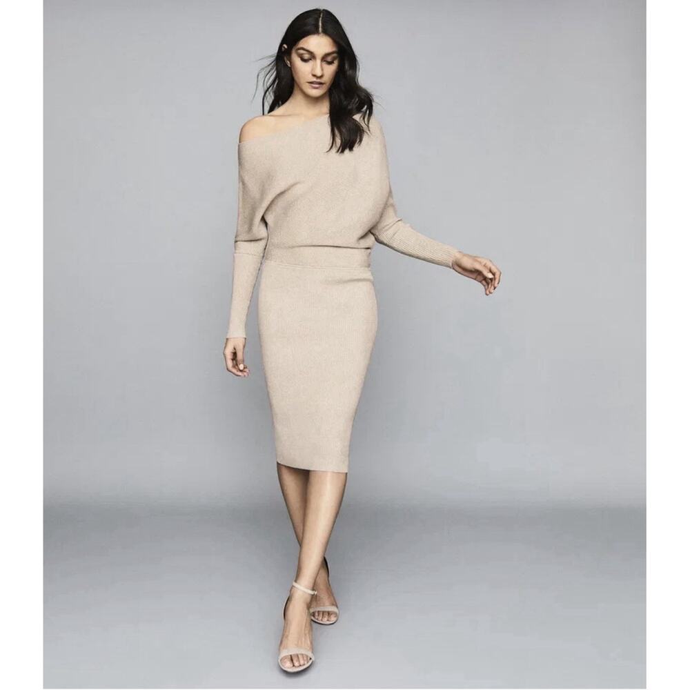 Reiss Lara Off The Shoulder Midi Dress‎ Large Ribbed Knit Neutral Beige